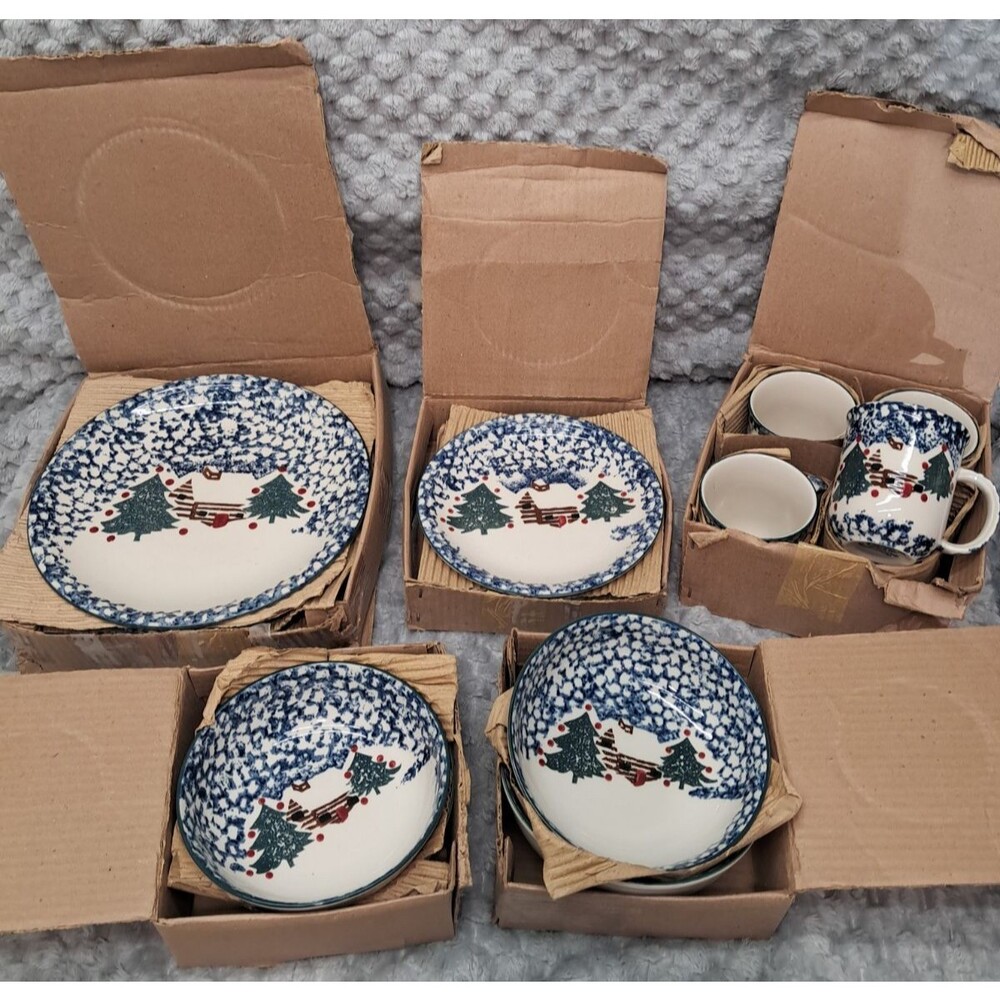 Set Tienshan Folk Craft Cabin in the Snow Dinner Dessert Salad Plates Bowls Mugs